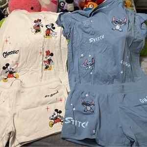 Disney Women’s Tee & shorts 2Sets - Blue and White with Mickey and Stitch
